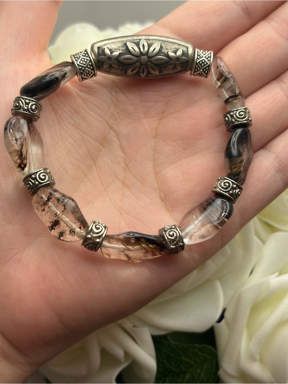 Sterling-Tone Black & Clear Beaded Bracelet